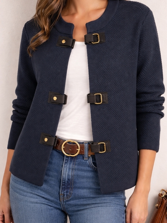 Tory Burch Jackets & Blazers - Tory Burch Navy Textured Knit Jacket Cardigan Leather Toggle Gold Hardware XL